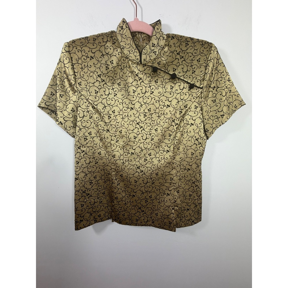 Jessica Howard Womens Gold‎ Black Scroll Jacquard Mandarin Collar Blouse Size 8